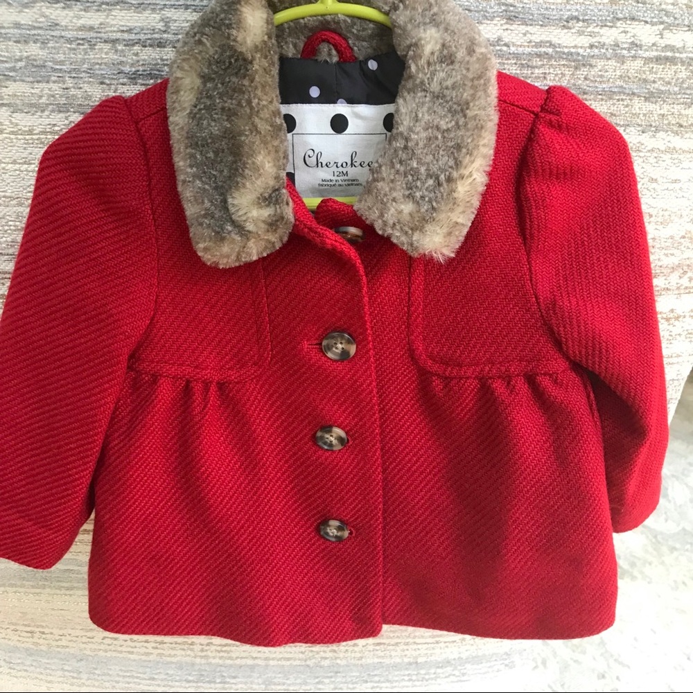 Girls Red Coat with Faux Fur Trim 12m